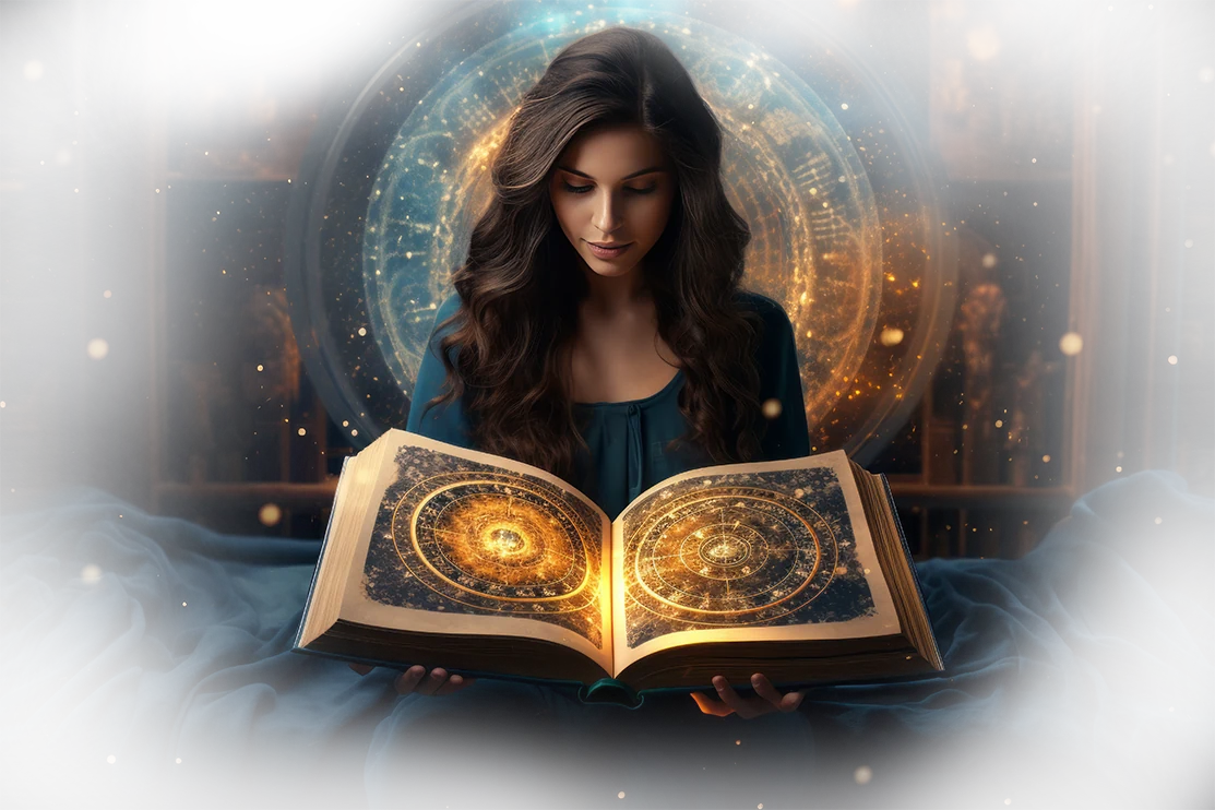 Woman reading a glowing astrological book
